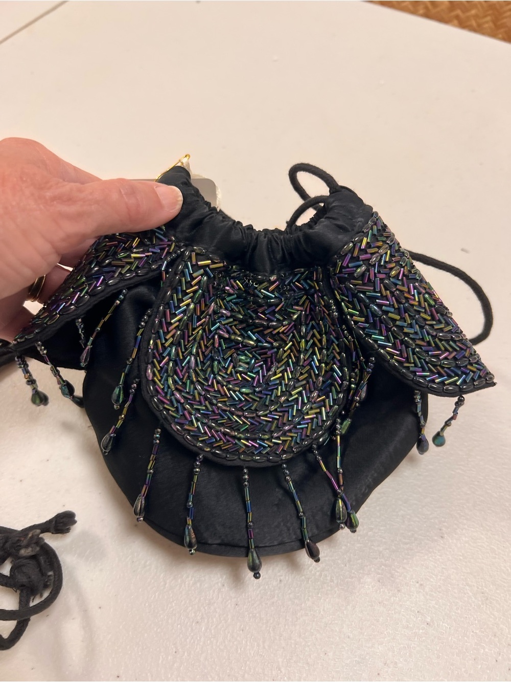 Black Beaded Vintage Drawstring Evening Bag